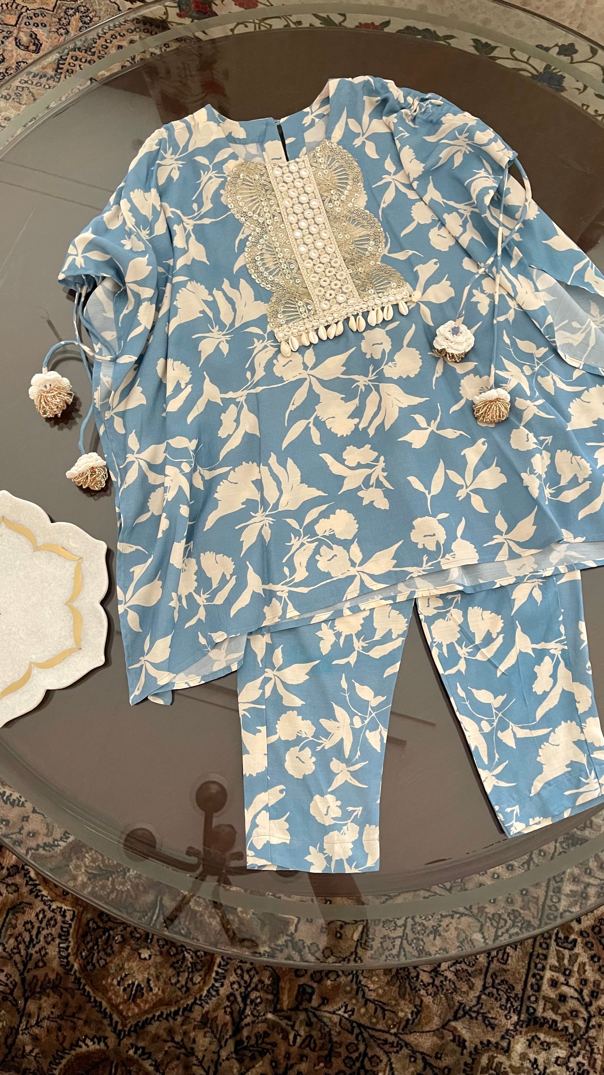 Blue Birdsong Girls Kaftan Pyjama set