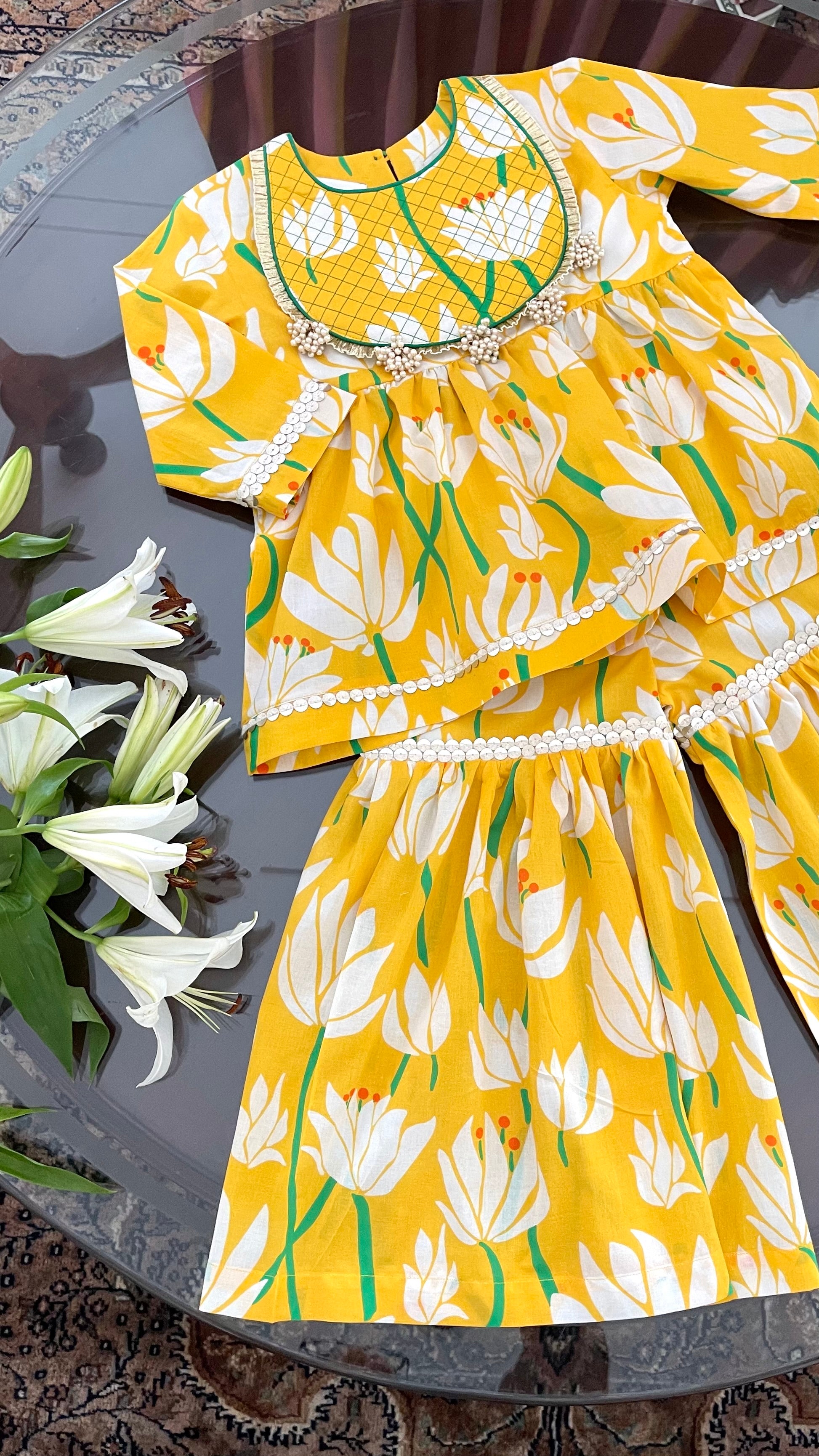 Yellow Tulips Yoke Sharara Set