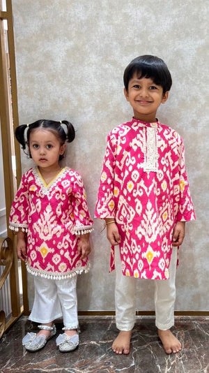 Pink Ikat Boys Kurta set