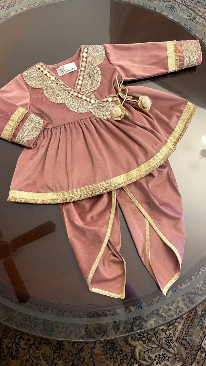 Blush Pink Velvet Girls Dhoti Set